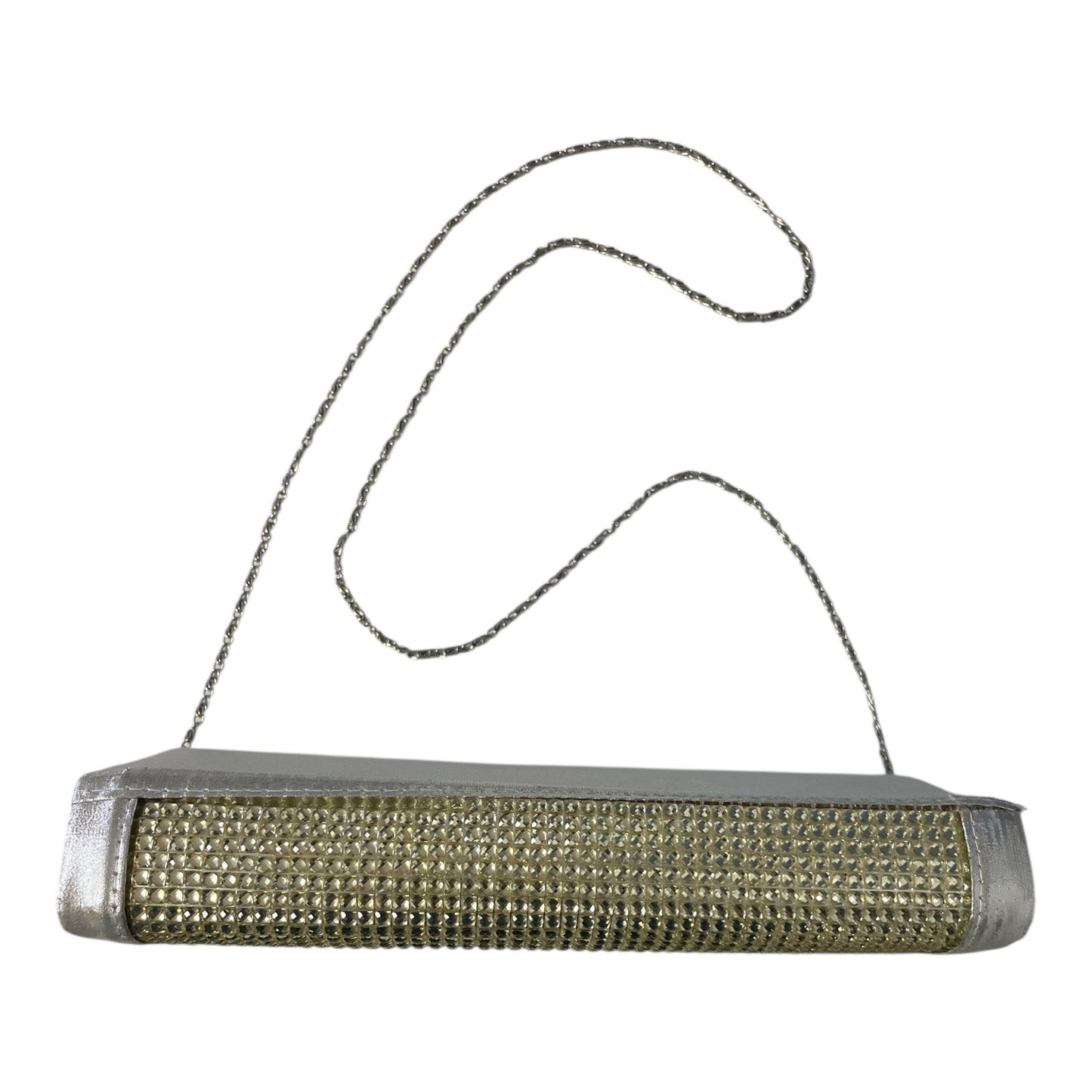 Lulu Townsend Silver Evening Clutch Purse – Rhinestone Front, Chain Strap