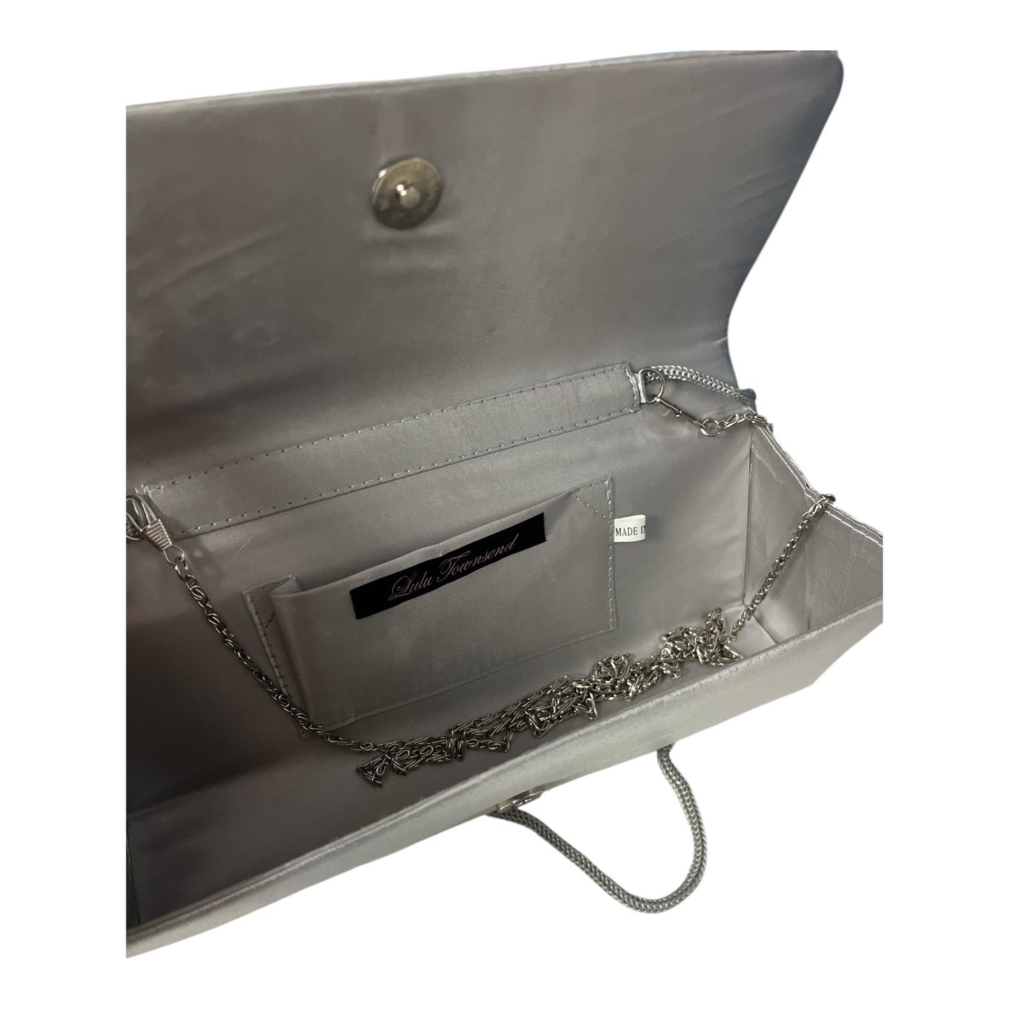 Lulu Townsend Silver Evening Clutch Purse – Rhinestone Front, Chain Strap