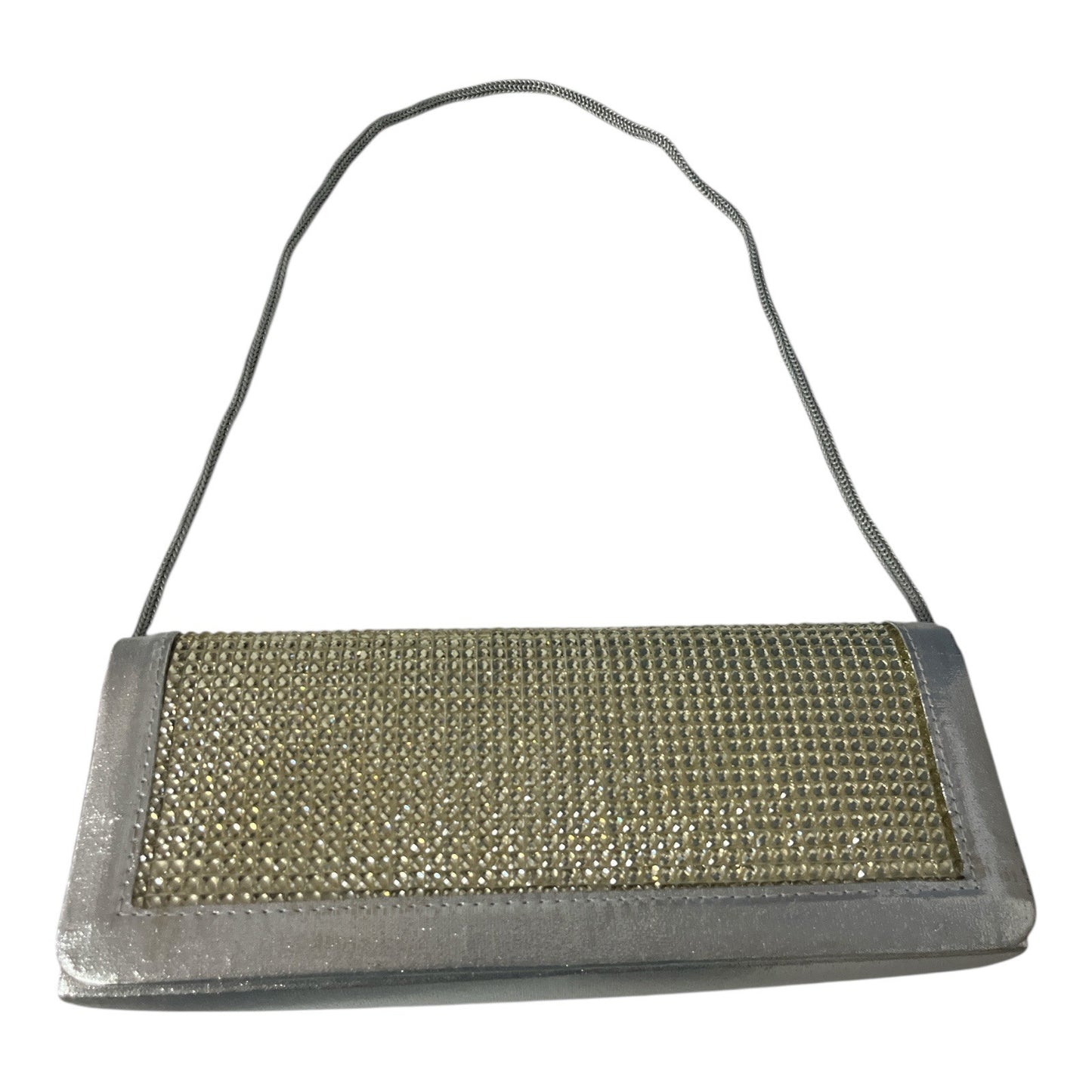 Lulu Townsend Silver Evening Clutch Purse – Rhinestone Front, Chain Strap
