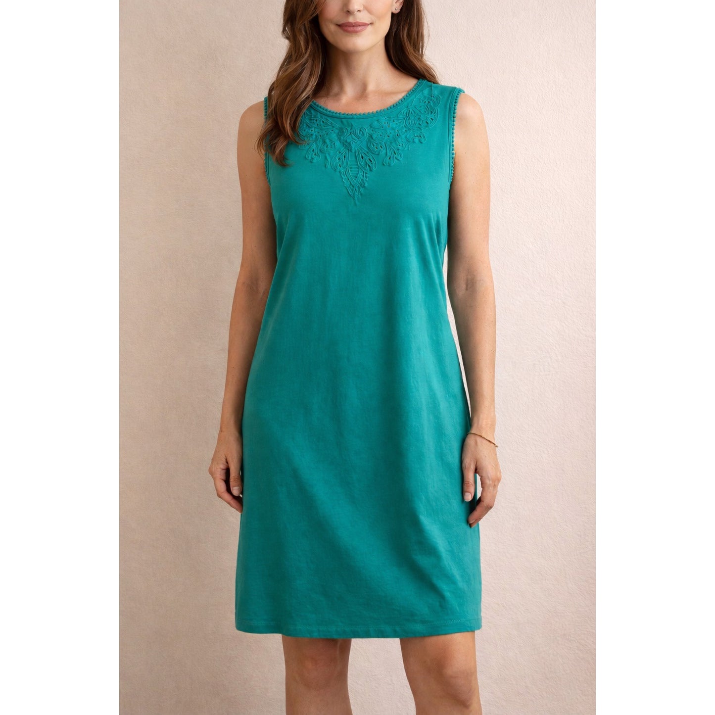 Talbots Teal Sleeveless Dress XL Cotton Embroidered Neckline NWT