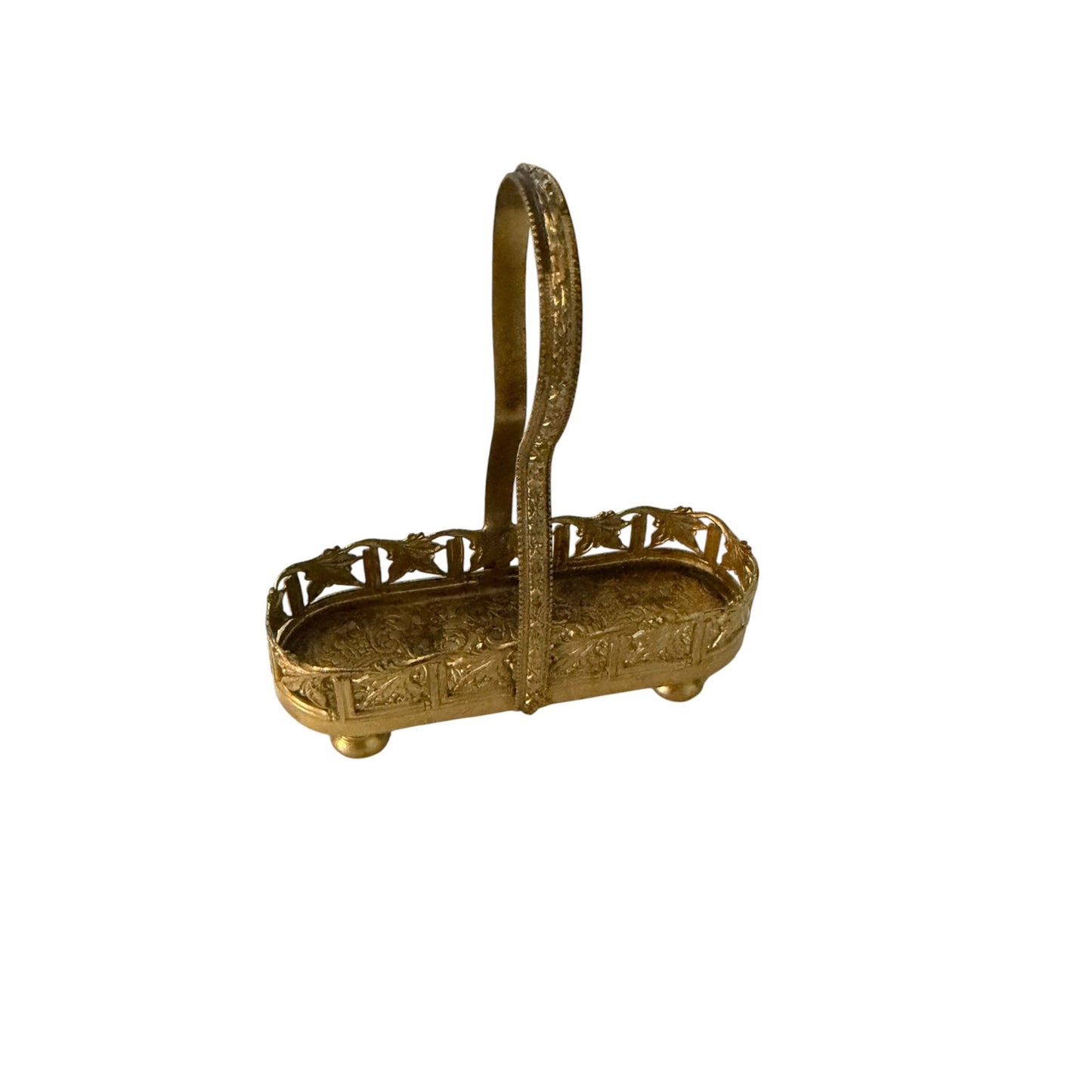 Vintage Gold Tone Vanity Basket Holder Miniature Filigree Handle Tray