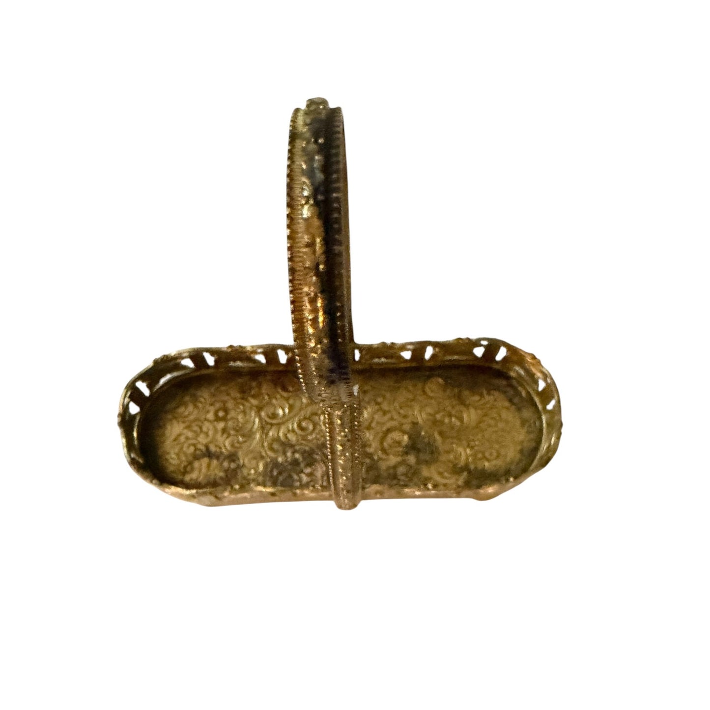 Vintage Gold Tone Vanity Basket Holder Miniature Filigree Handle Tray