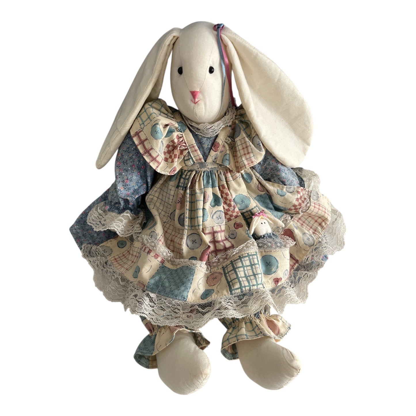 Vintage Handmade Cloth Bunny Doll with Patchwork Dress and Baby Bunny