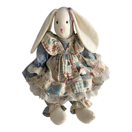 Vintage Handmade Cloth Bunny Doll with Patchwork Dress and Baby Bunny