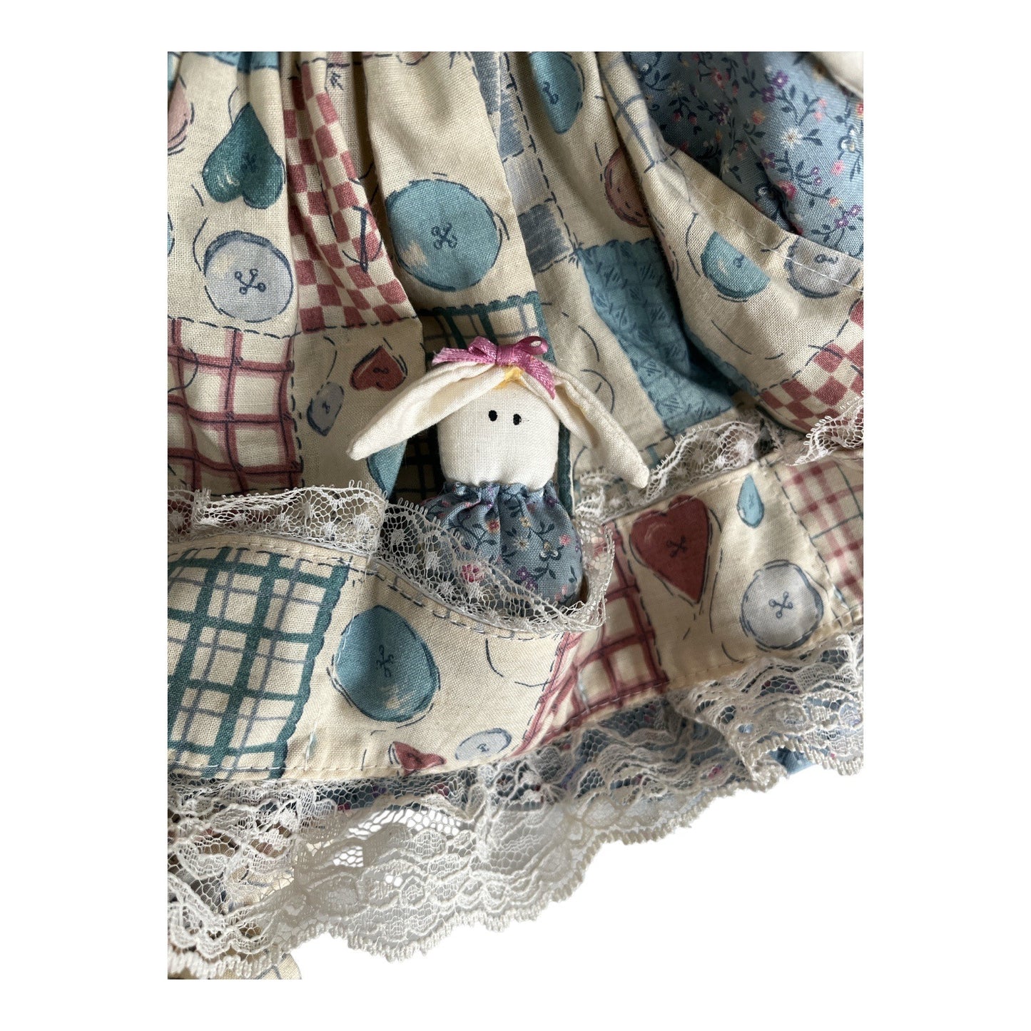 Vintage Handmade Cloth Bunny Doll with Patchwork Dress and Baby Bunny