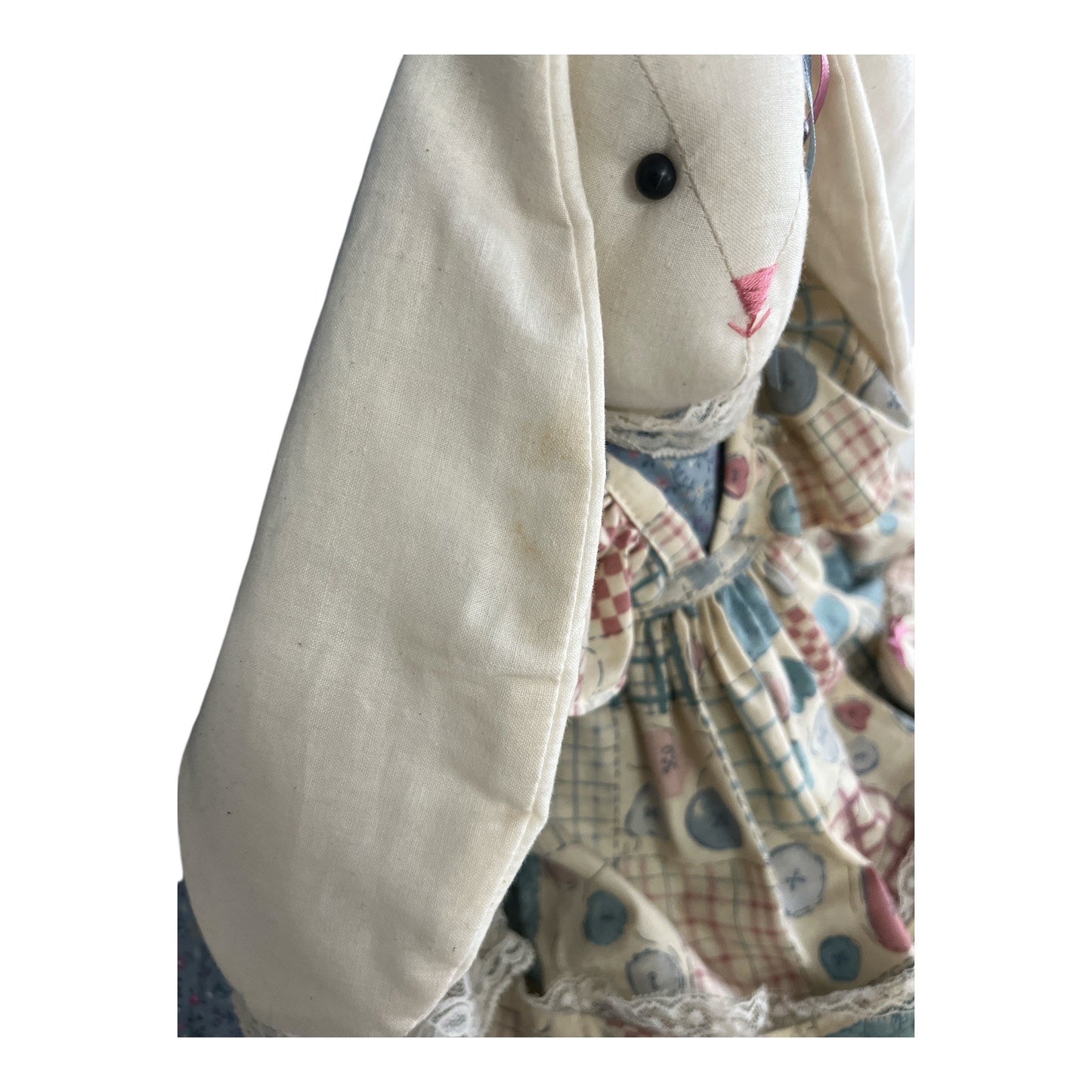 Vintage Handmade Cloth Bunny Doll with Patchwork Dress and Baby Bunny