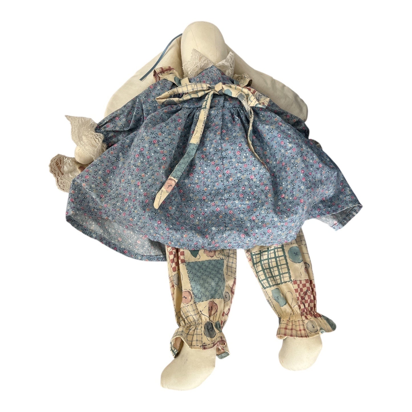 Vintage Handmade Cloth Bunny Doll with Patchwork Dress and Baby Bunny