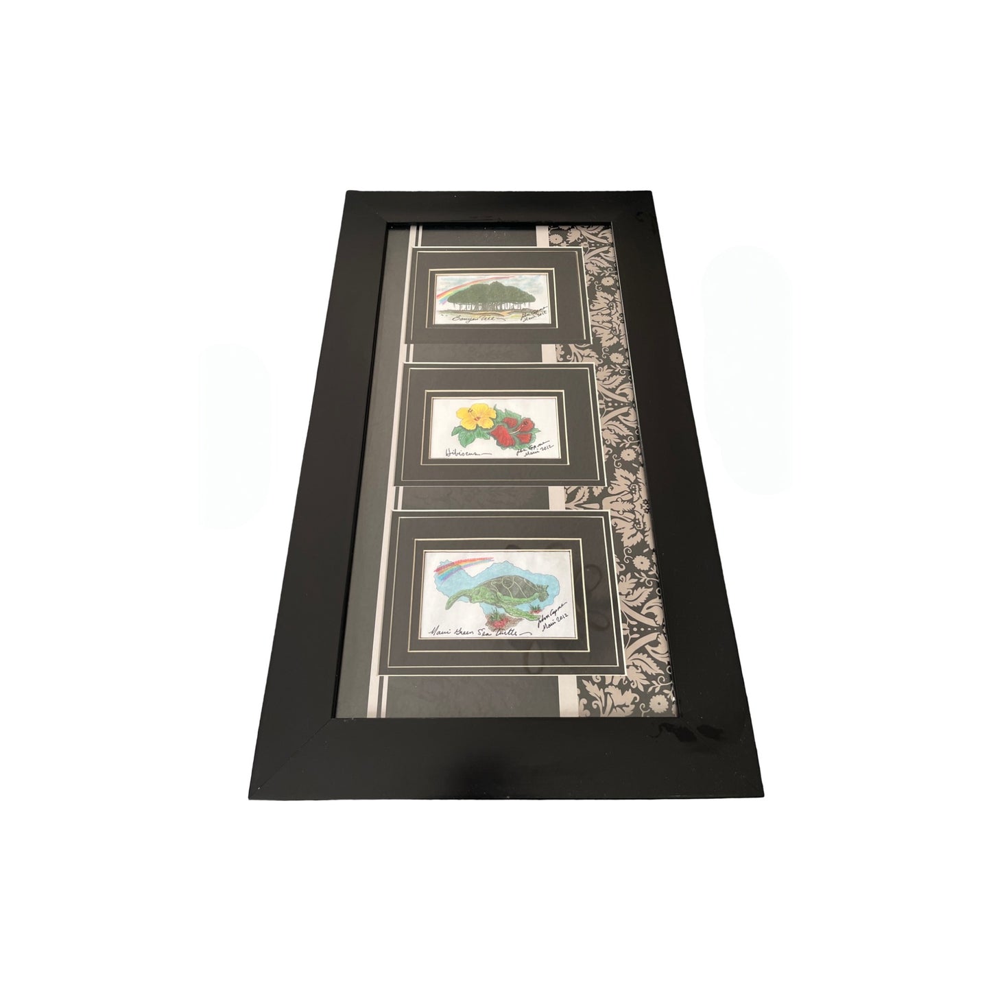 Framed Maui Hawaii Art Banyan Tree Hibiscus Sea Turtle John Capan 2012 Tropical Wall Decor 23x13