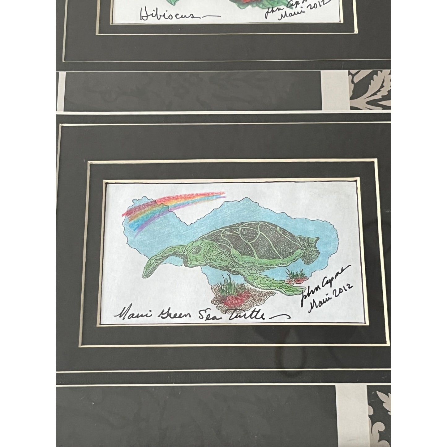 Framed Maui Hawaii Art Banyan Tree Hibiscus Sea Turtle John Capan 2012 Tropical Wall Decor 23x13