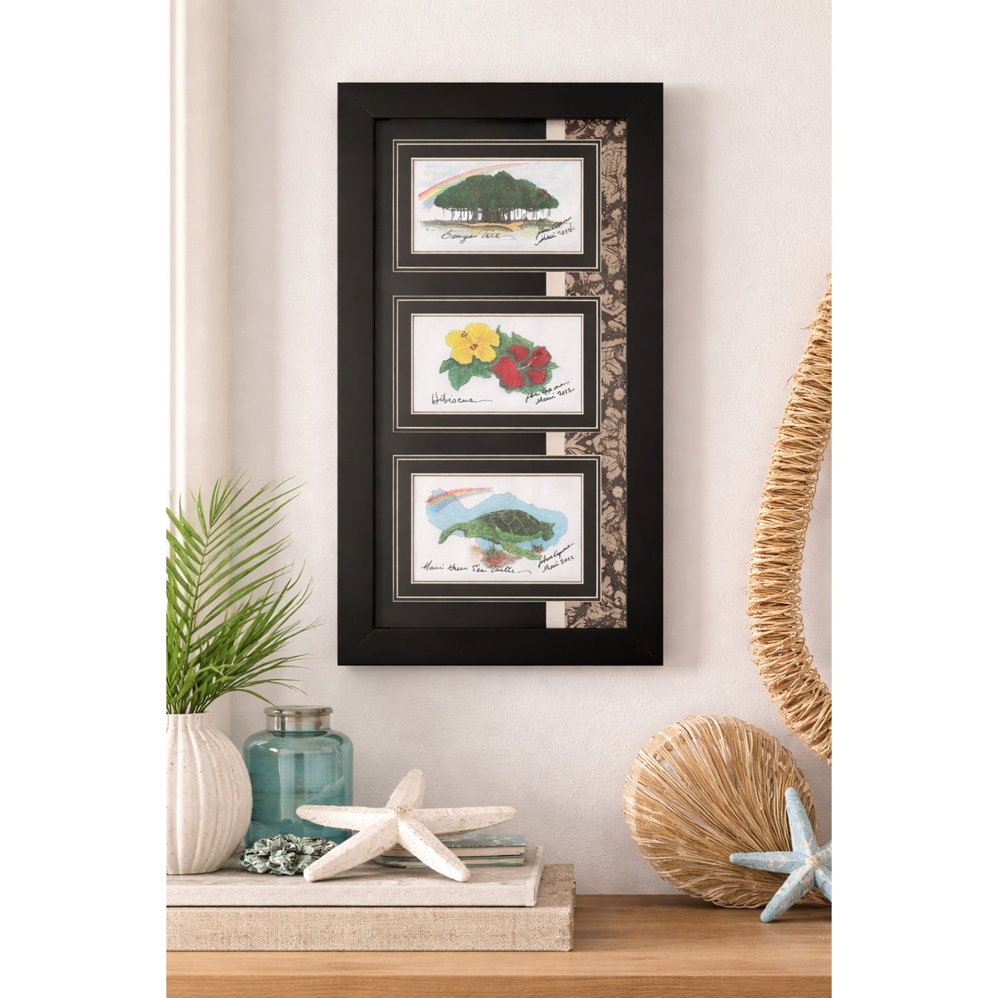 Framed Maui Hawaii Art Banyan Tree Hibiscus Sea Turtle John Capan 2012 Tropical Wall Decor 23x13