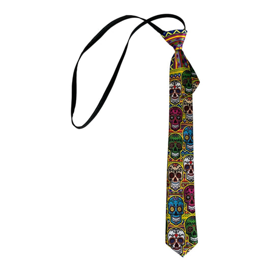 Unisex Day of the Dead Sugar Skull Necktie – Colorful Pre-Tied Adjustable Novelty Tie 15x2