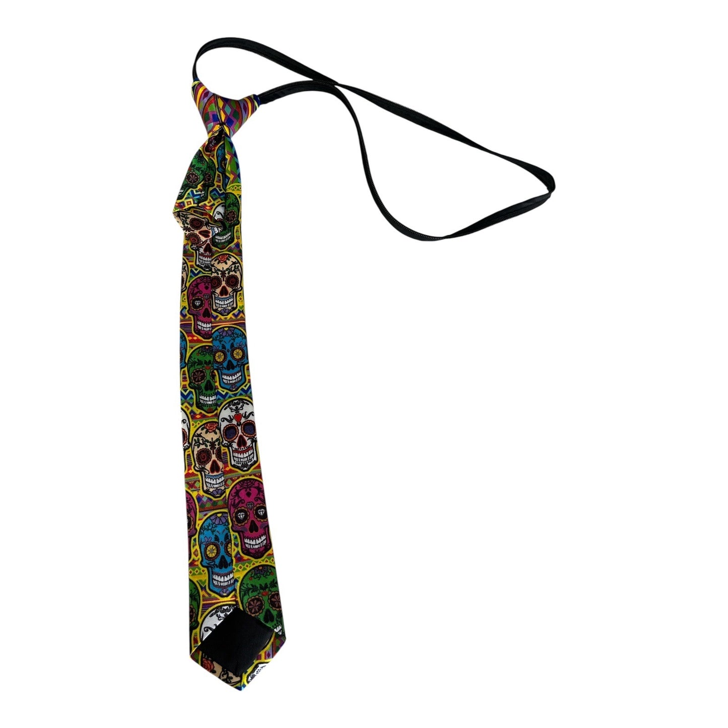 Unisex Day of the Dead Sugar Skull Necktie – Colorful Pre-Tied Adjustable Novelty Tie 15x2