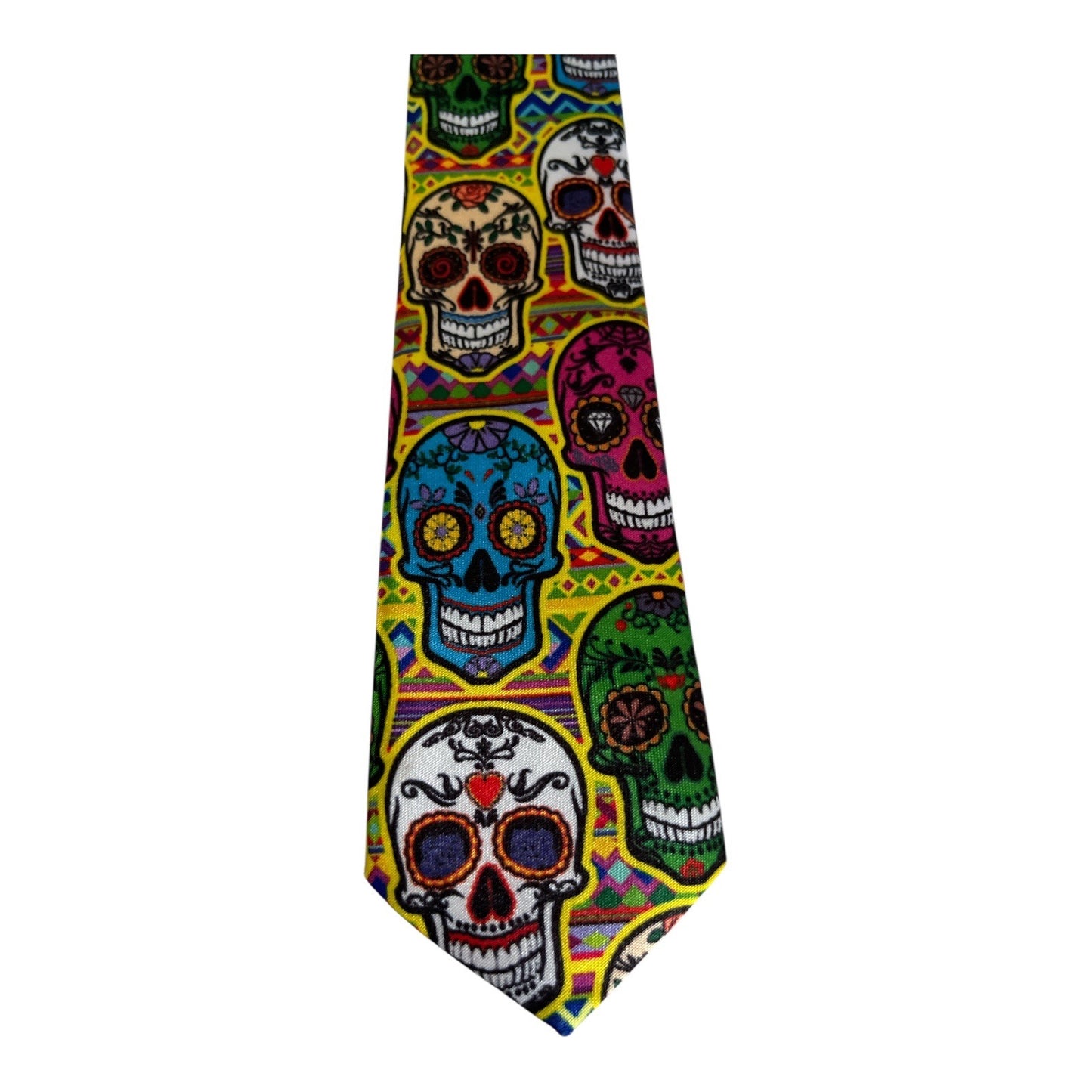 Unisex Day of the Dead Sugar Skull Necktie – Colorful Pre-Tied Adjustable Novelty Tie 15x2