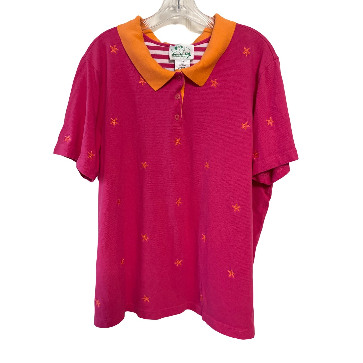 Quacker Factory Women’s 2X Pink Starfish Polo Shirt Orange Collar Mid-2000s