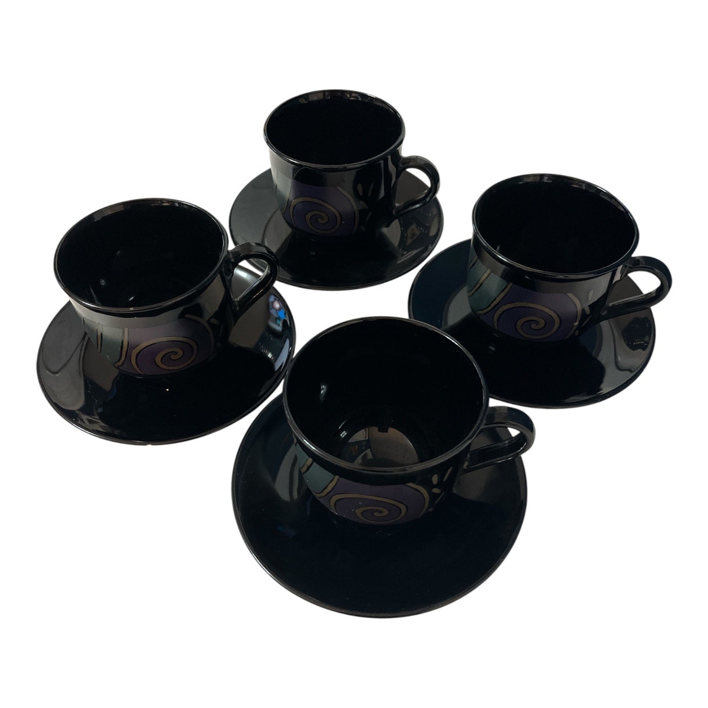 ARC France Black Glass Cups and Saucers – Swirl Design – 1990s Espresso Demitasse