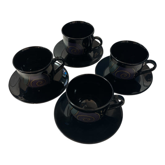 ARC France Black Glass Cups and Saucers – Swirl Design – 1990s Espresso Demitasse