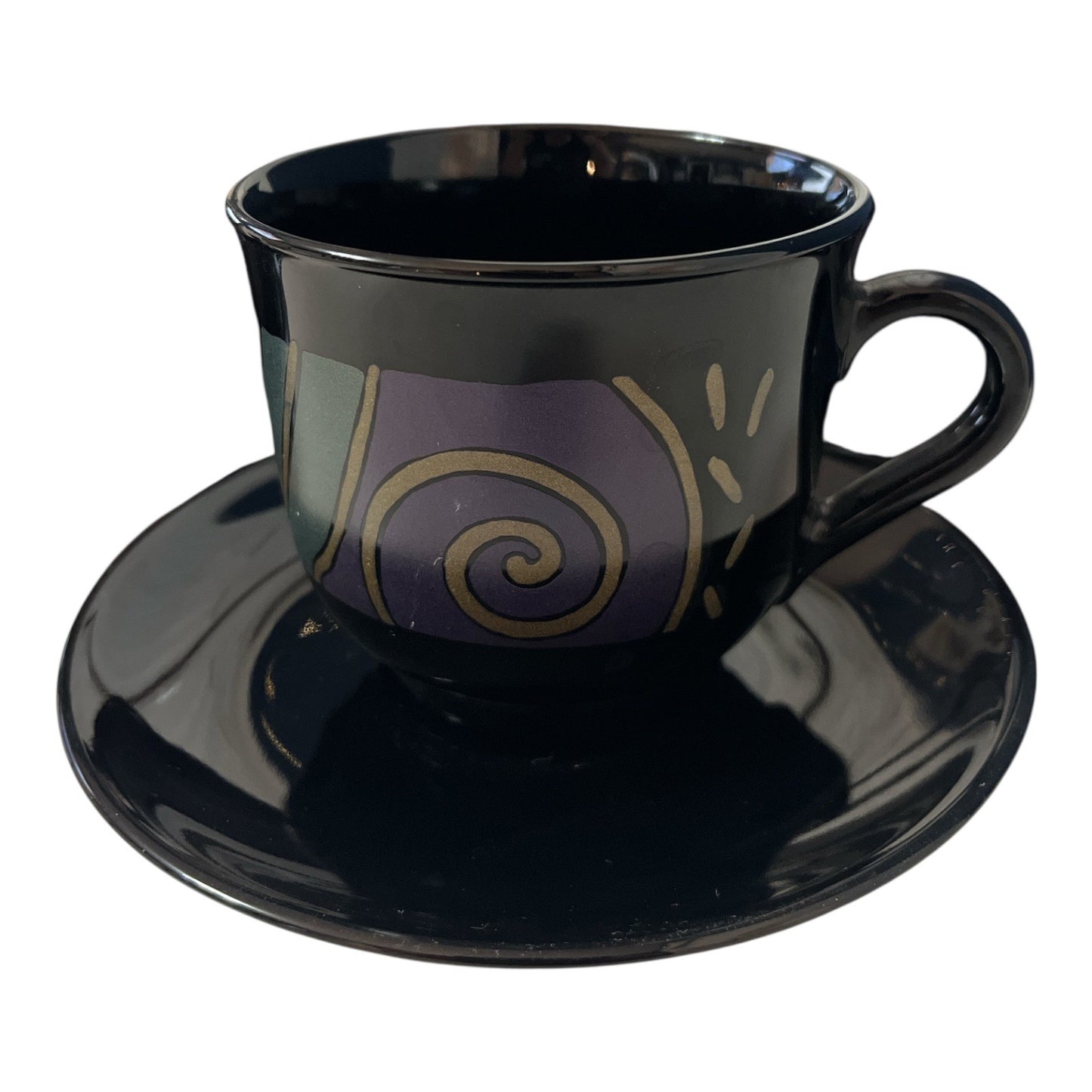 ARC France Black Glass Cups and Saucers – Swirl Design – 1990s Espresso Demitasse
