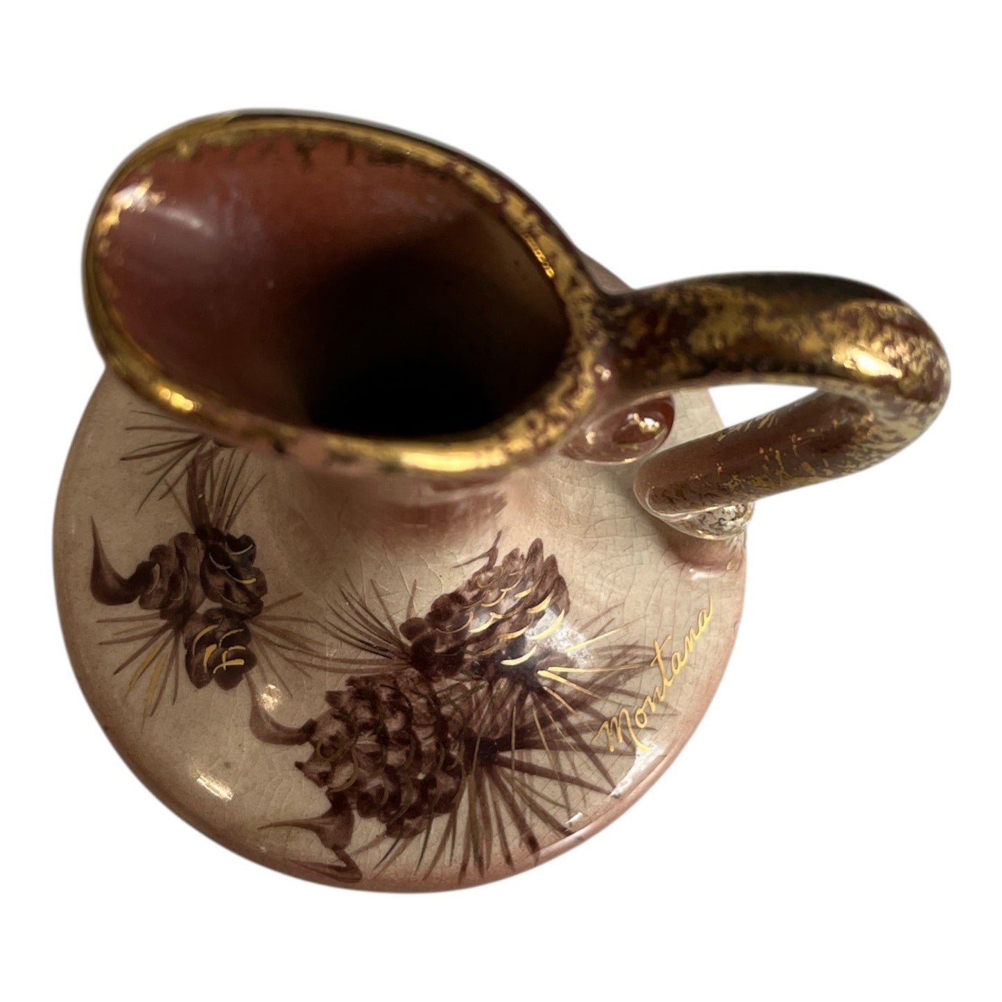 Vintage Rymes USA Ceramic Pitcher Vase Montana Pinecone Hand Painted