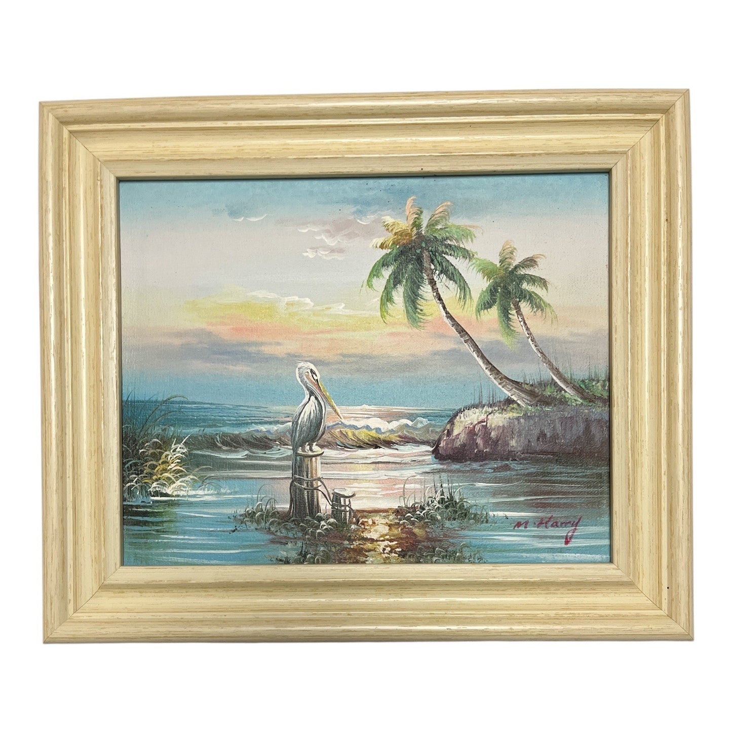 Vintage M. Harry Tropical Pelican Seascape Painting – Framed Canvas Art – 13x10