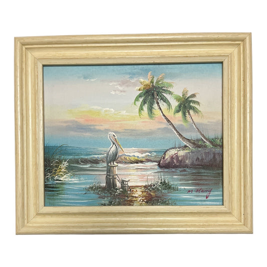 Vintage M. Harry Tropical Pelican Seascape Painting – Framed Canvas Art – 13x10