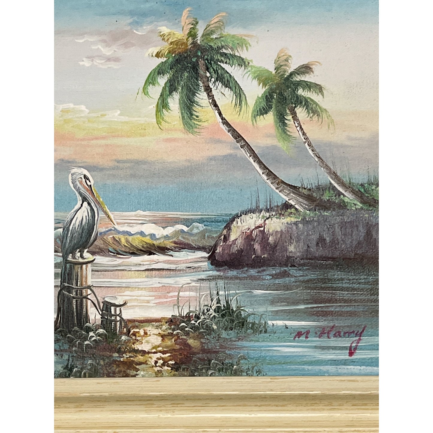 Vintage M. Harry Tropical Pelican Seascape Painting – Framed Canvas Art – 13x10