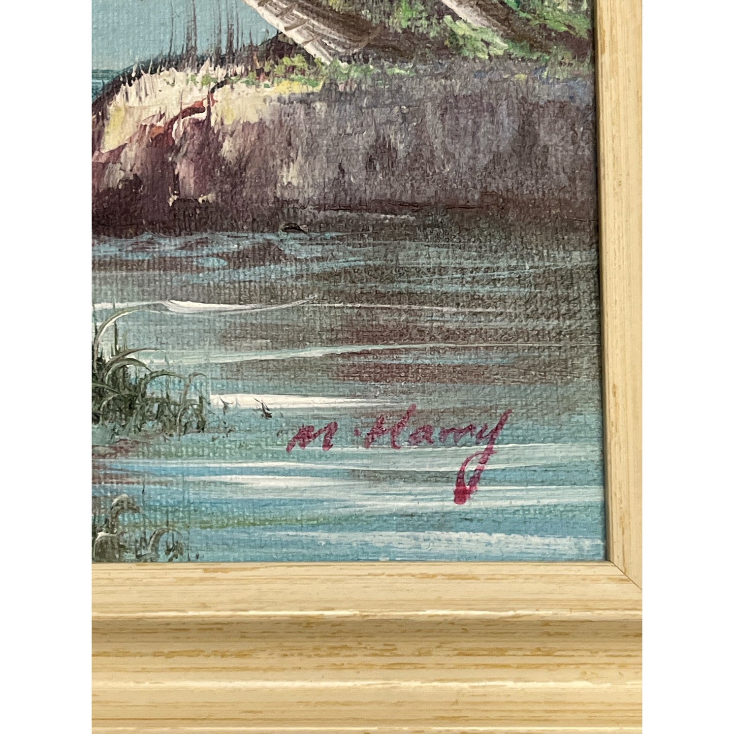 Vintage M. Harry Tropical Pelican Seascape Painting – Framed Canvas Art – 13x10