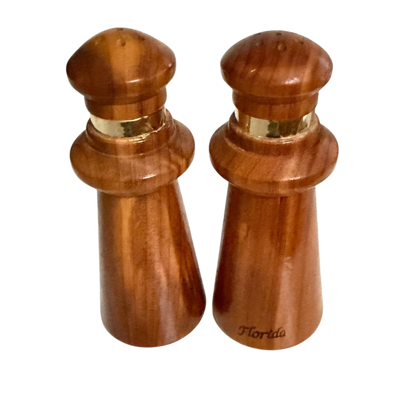 Vintage Florida Wooden Salt Shakers Pair Turned Wood Flamingo Souvenir Mid Century