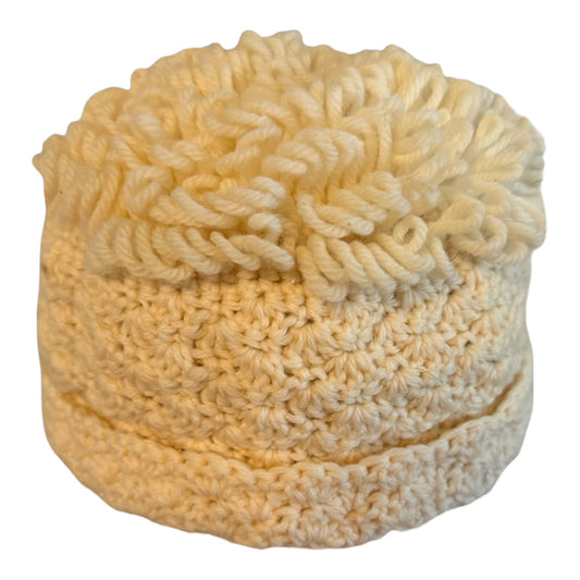 Vintage Handmade Crocheted Cream Bucket Hat Loop Fringe Boho Cottagecore Adult One Size
