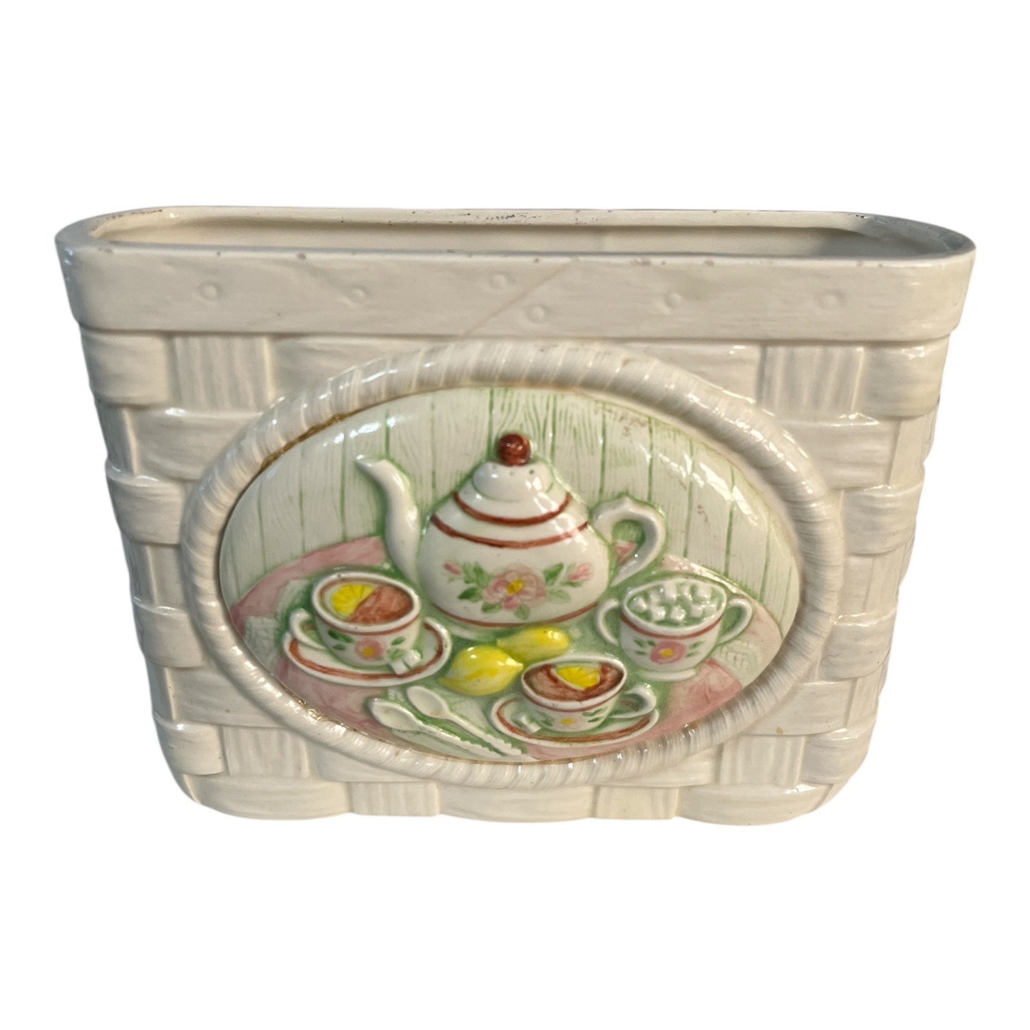 Vintage Cut Out Ceramic Tea Basket Planter Cottage Tea Party Motif 1960s