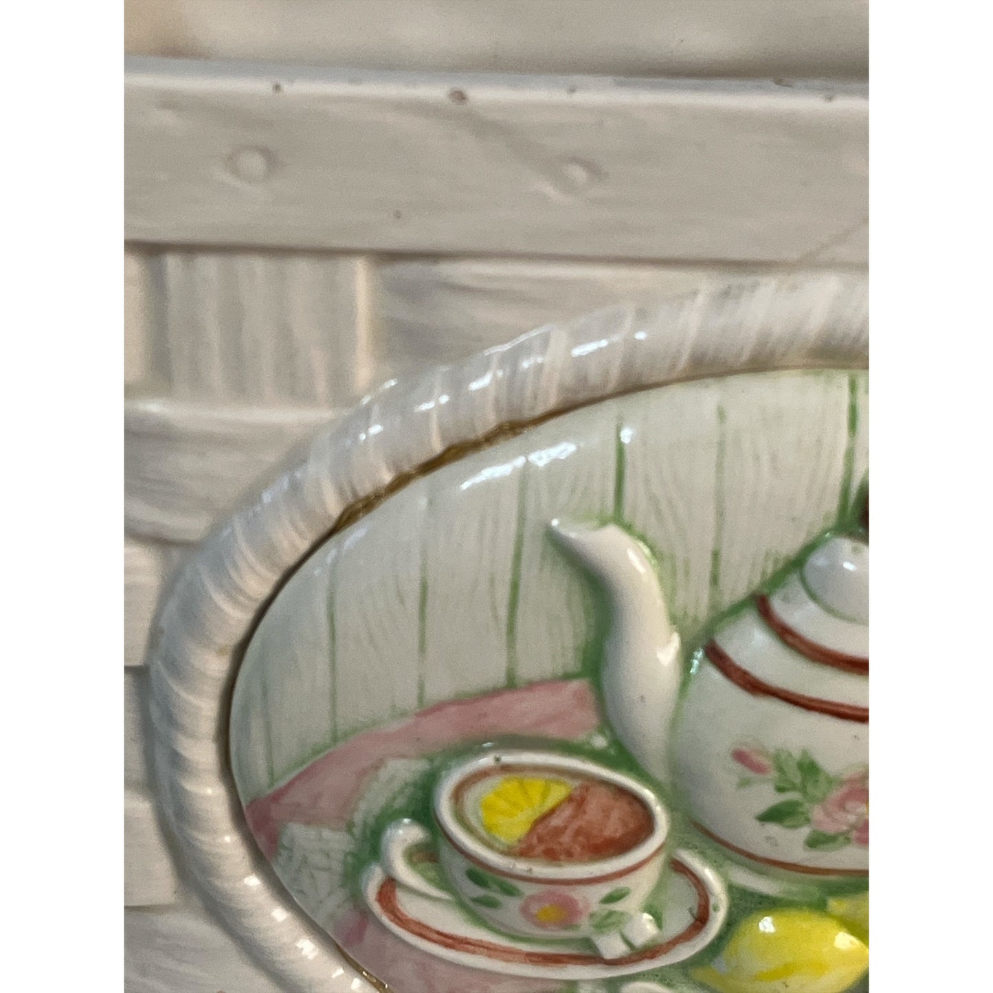 Vintage Cut Out Ceramic Tea Basket Planter Cottage Tea Party Motif 1960s