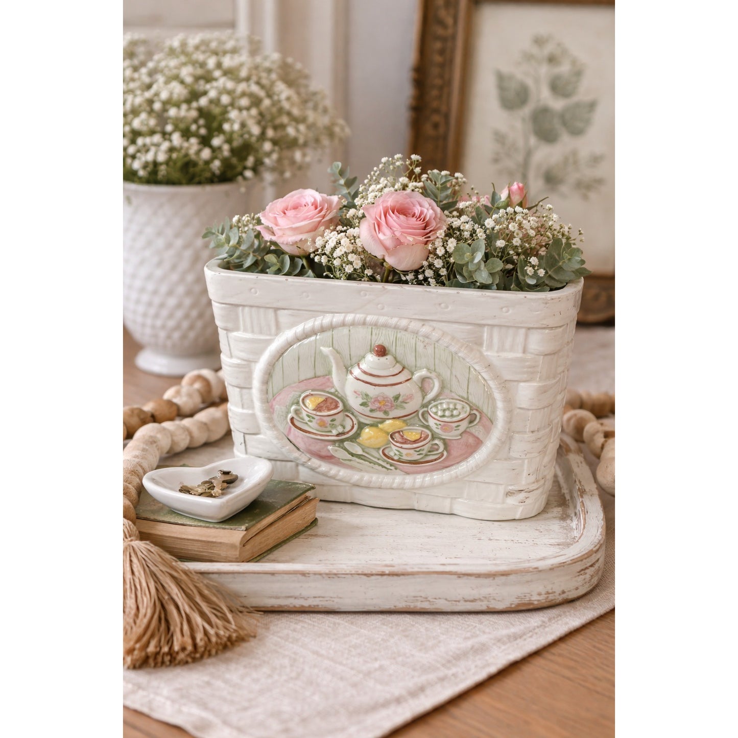Vintage Cut Out Ceramic Tea Basket Planter Cottage Tea Party Motif 1960s