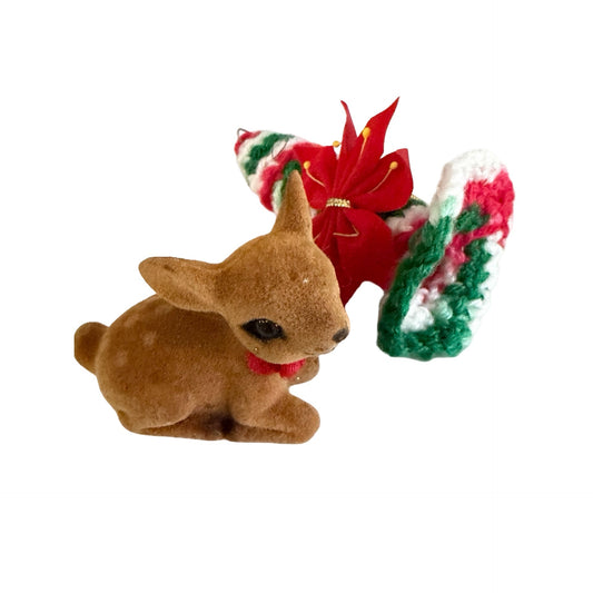 Vintage Hong Kong Flocked Reindeer & Crocheted Christmas Hat Ornament Set Deer Holiday Decor