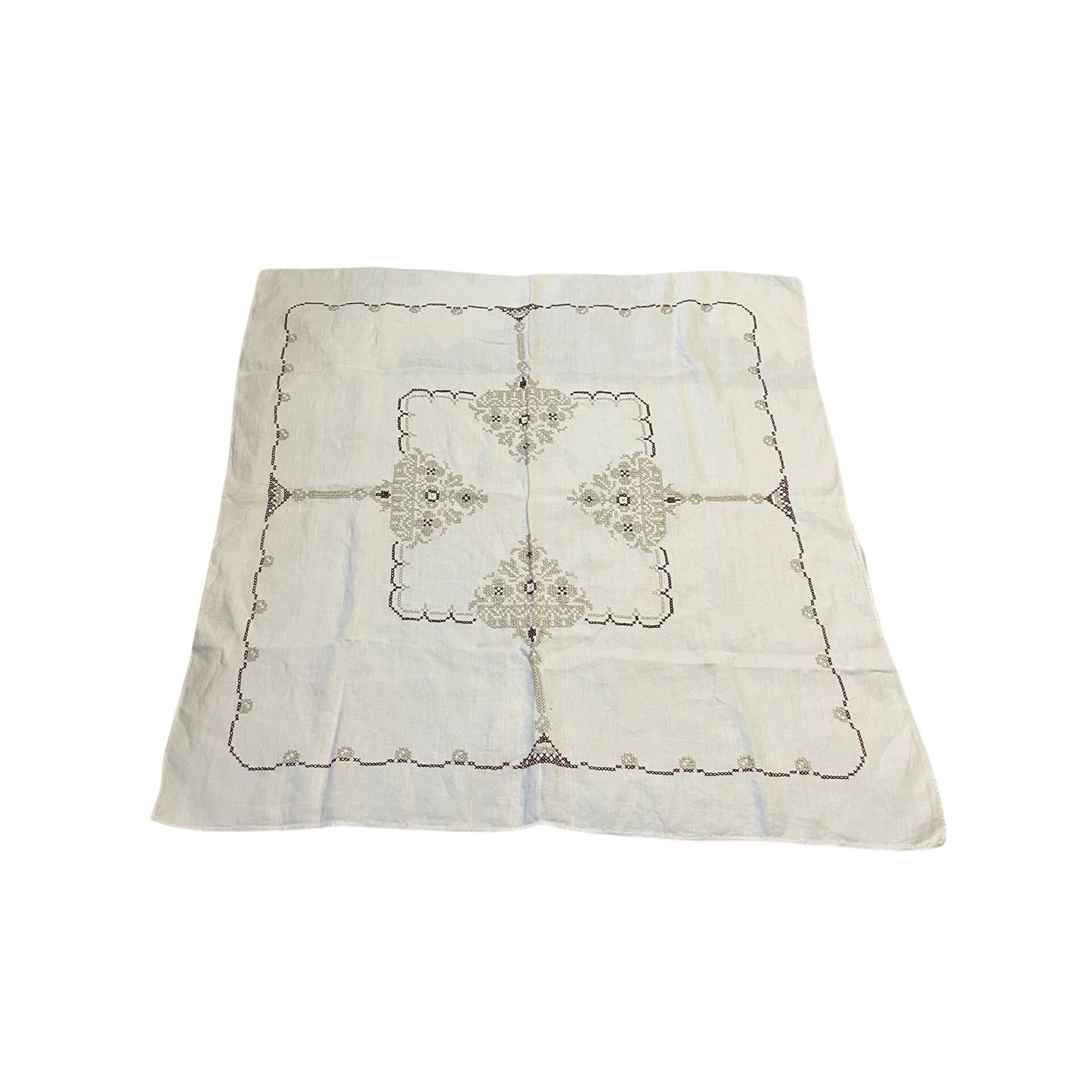 Vintage Hand Embroidered Linen Tablecloth 34x34 Square Cream Brown Floral Cutwork