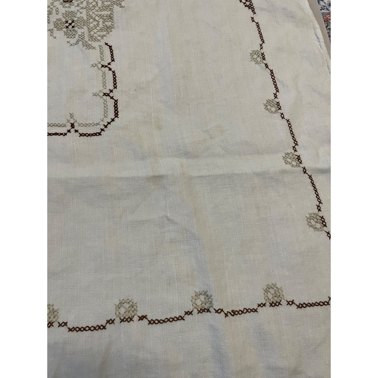 Vintage Hand Embroidered Linen Tablecloth 34x34 Square Cream Brown Floral Cutwork