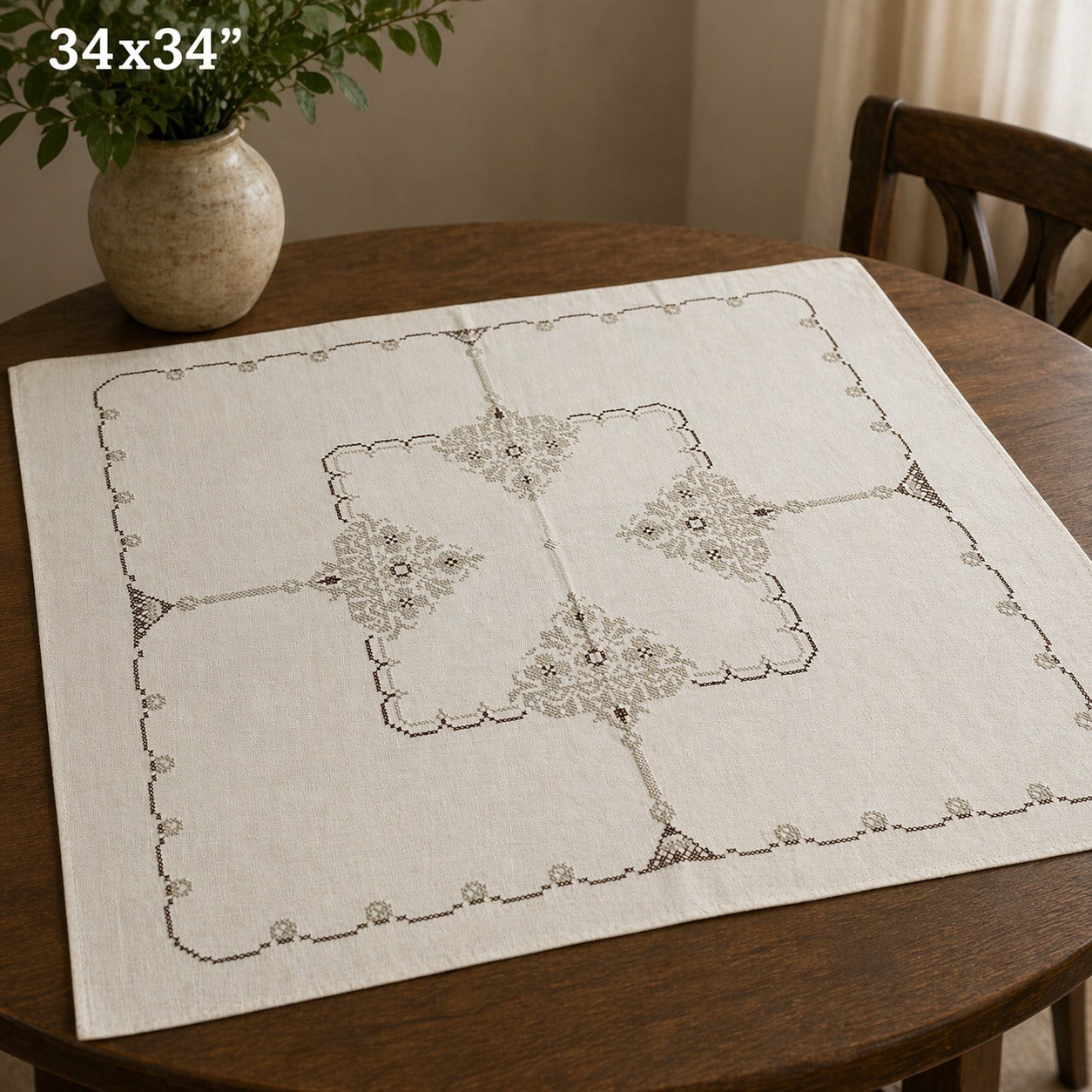 Vintage Hand Embroidered Linen Tablecloth 34x34 Square Cream Brown Floral Cutwork