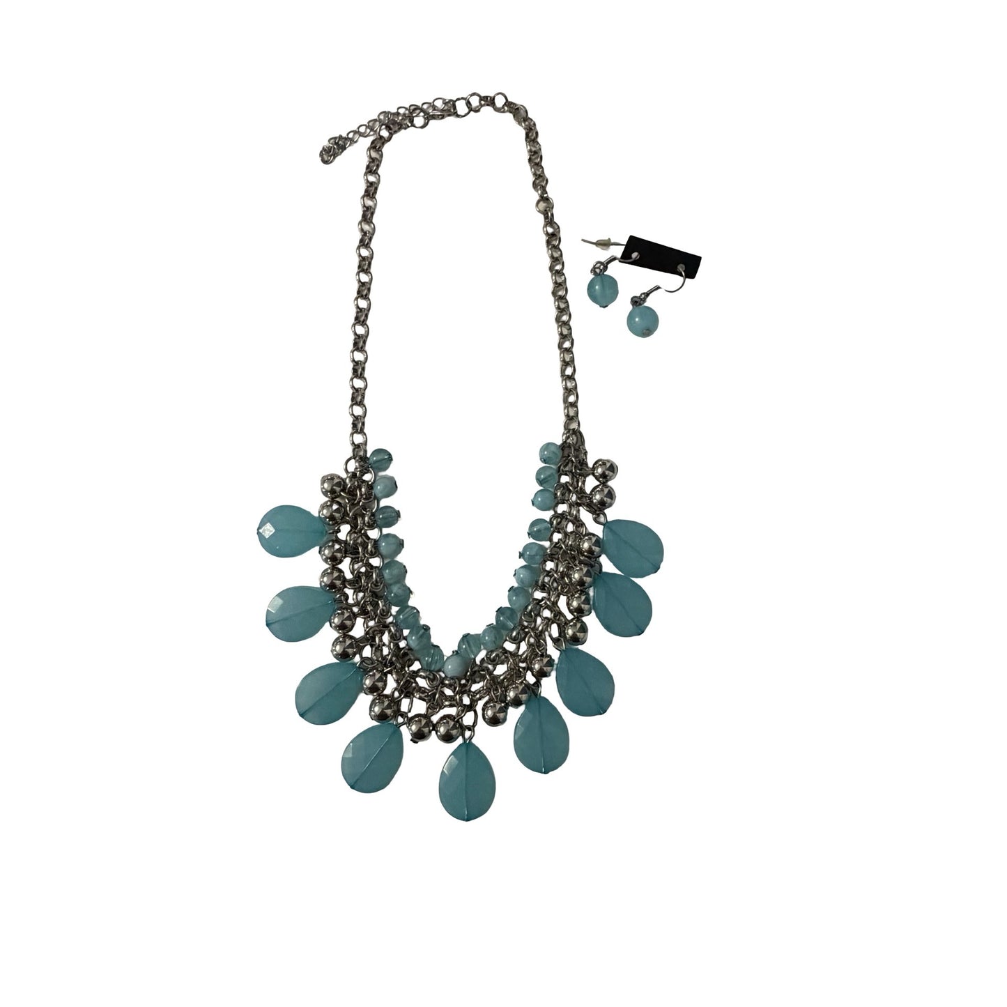 Statement Necklace Set Teal Blue Beaded Silver Tone Chain Bib Necklace Earrings 16”