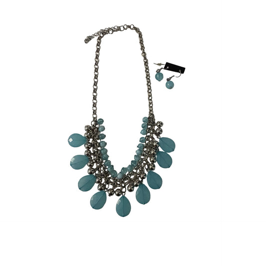 Statement Necklace Set Teal Blue Beaded Silver Tone Chain Bib Necklace Earrings 16”