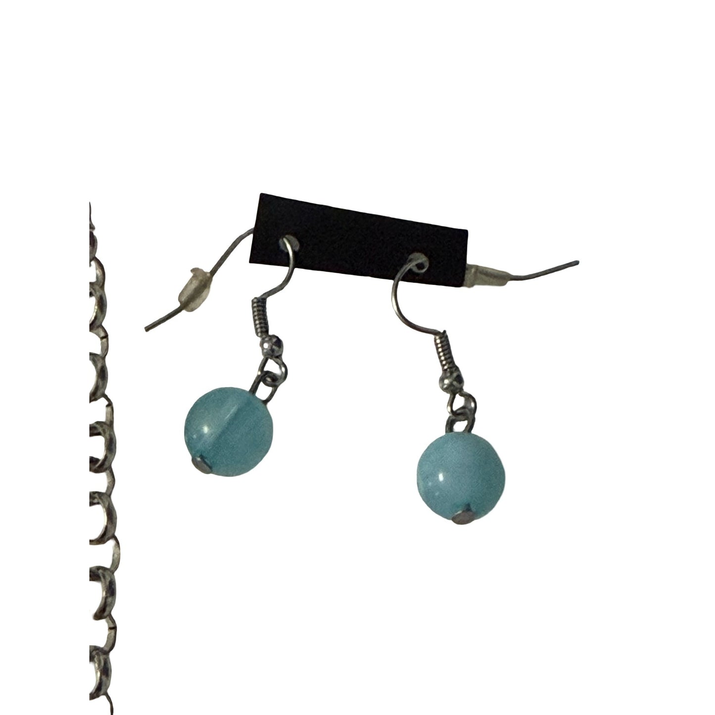 Statement Necklace Set Teal Blue Beaded Silver Tone Chain Bib Necklace Earrings 16”