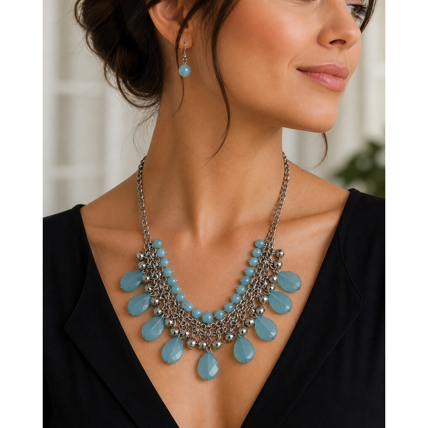 Statement Necklace Set Teal Blue Beaded Silver Tone Chain Bib Necklace Earrings 16”