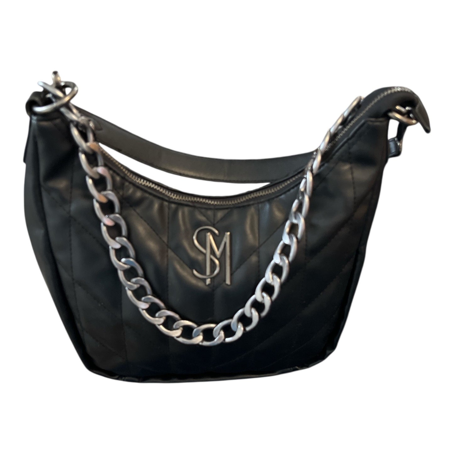 Steve Madden Quilted Black Shoulder Bag SM Logo Chain Strap Hobo Style