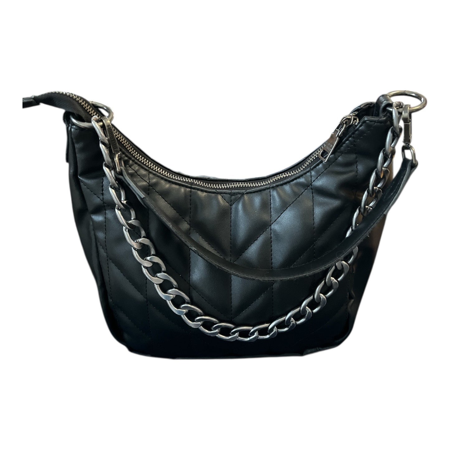 Steve Madden Quilted Black Shoulder Bag SM Logo Chain Strap Hobo Style