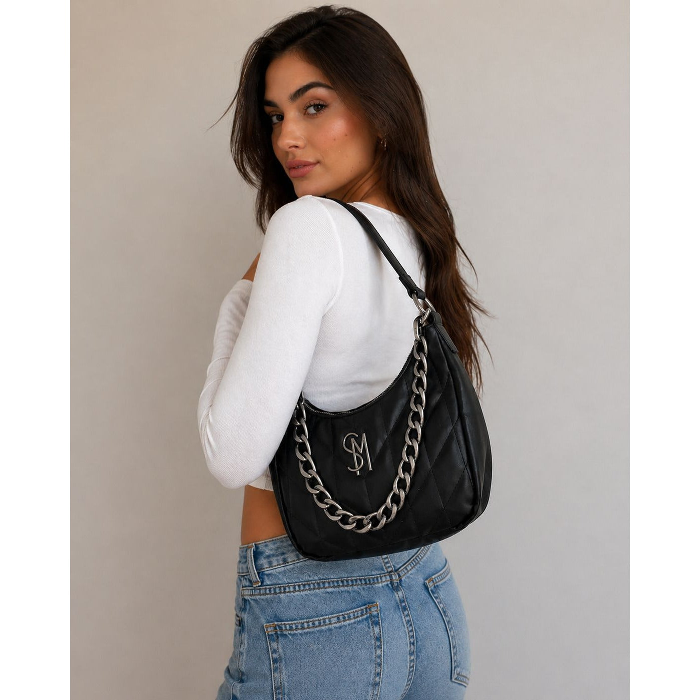 Steve Madden Quilted Black Shoulder Bag SM Logo Chain Strap Hobo Style