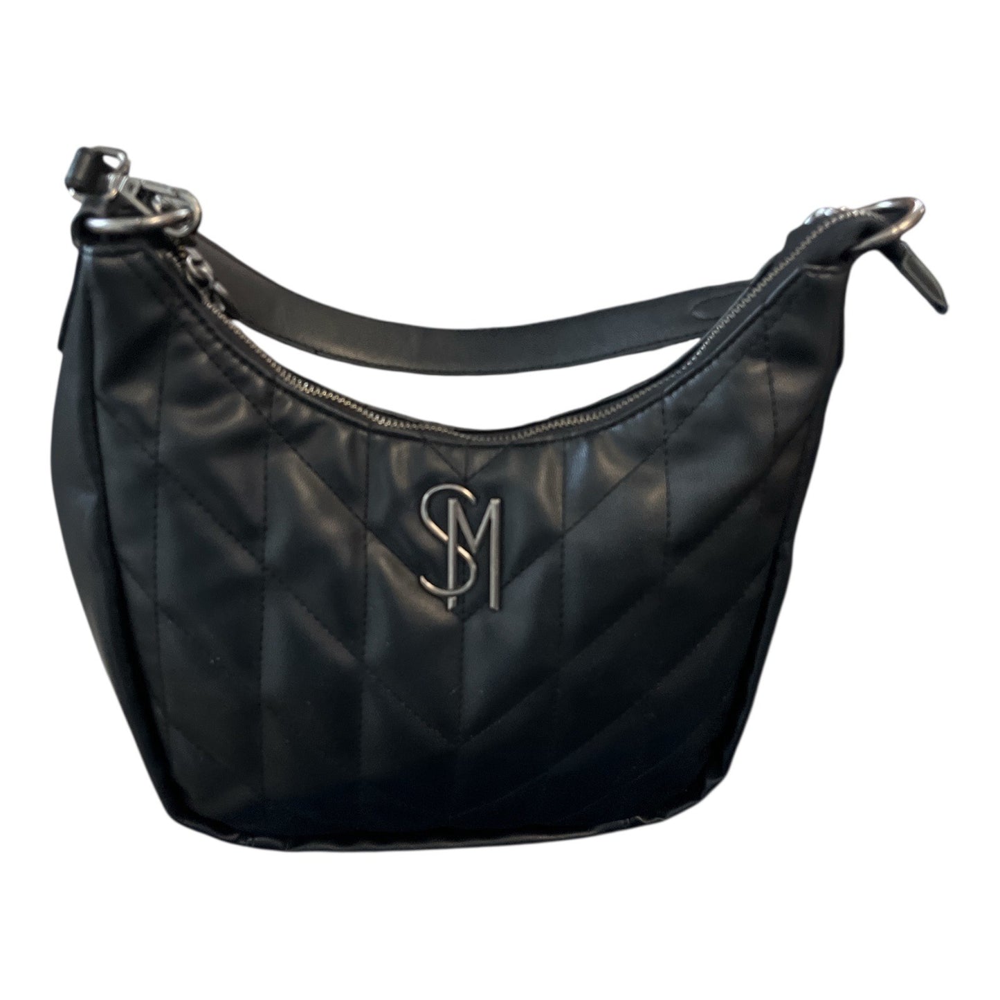 Steve Madden Quilted Black Shoulder Bag SM Logo Chain Strap Hobo Style