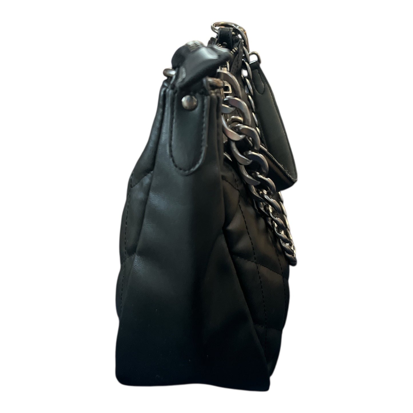 Steve Madden Quilted Black Shoulder Bag SM Logo Chain Strap Hobo Style