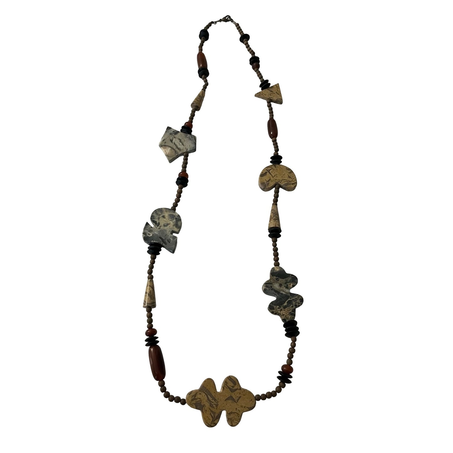 Long Boho Statement Necklace Carved Stone Beads Abstract Shapes Earth Tone 32”