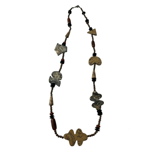 Long Boho Statement Necklace Carved Stone Beads Abstract Shapes Earth Tone 32”