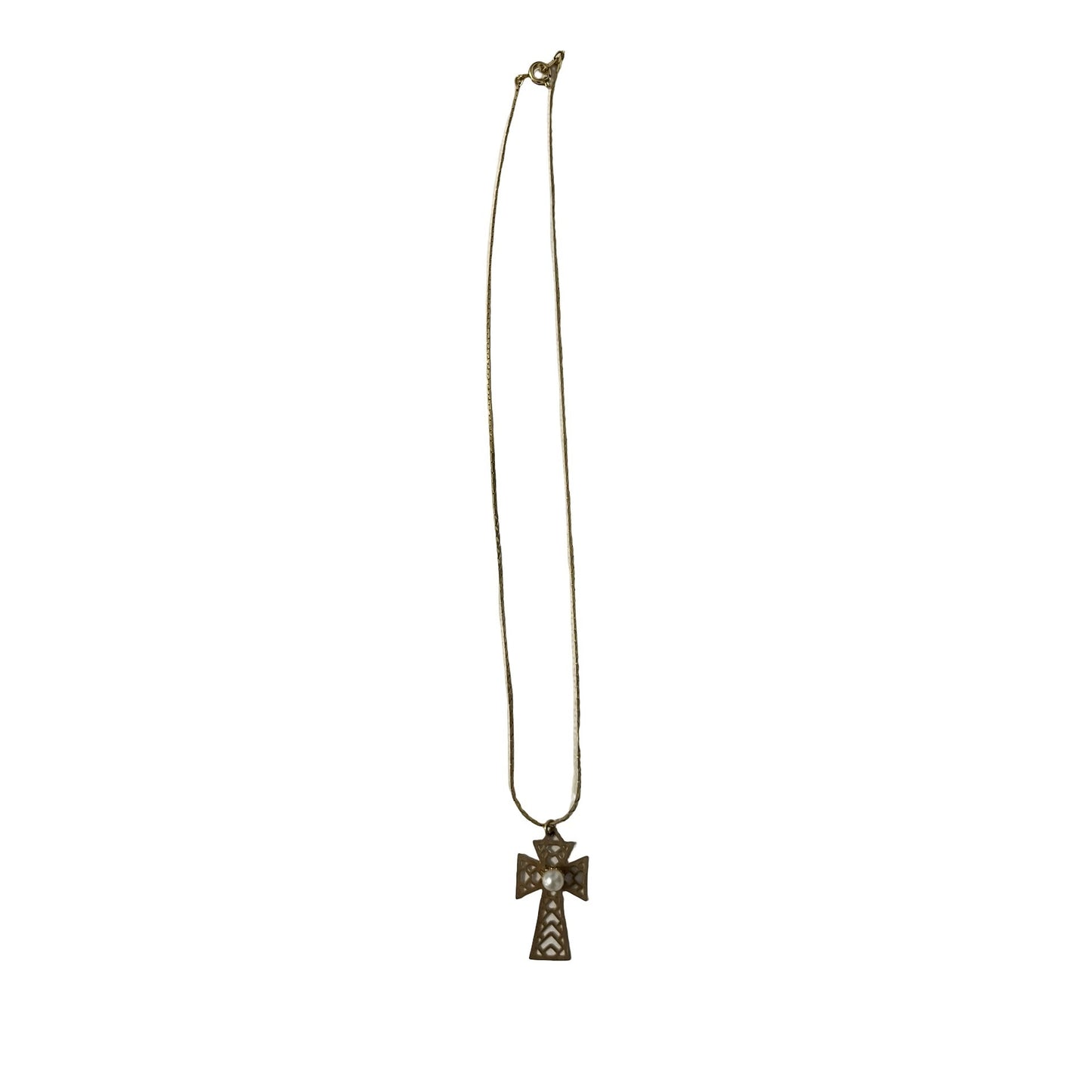 Vintage Gold Tone Cross Necklace Faux Pearl Center 15 Inch Chain Religious Pendant