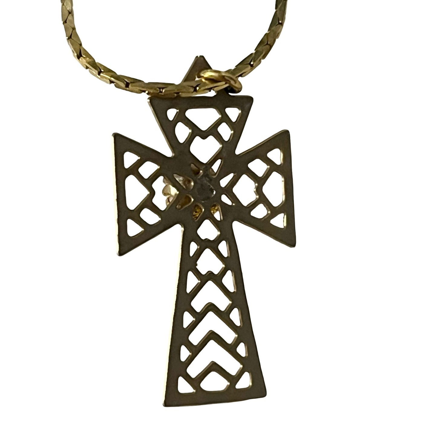 Vintage Gold Tone Cross Necklace Faux Pearl Center 15 Inch Chain Religious Pendant