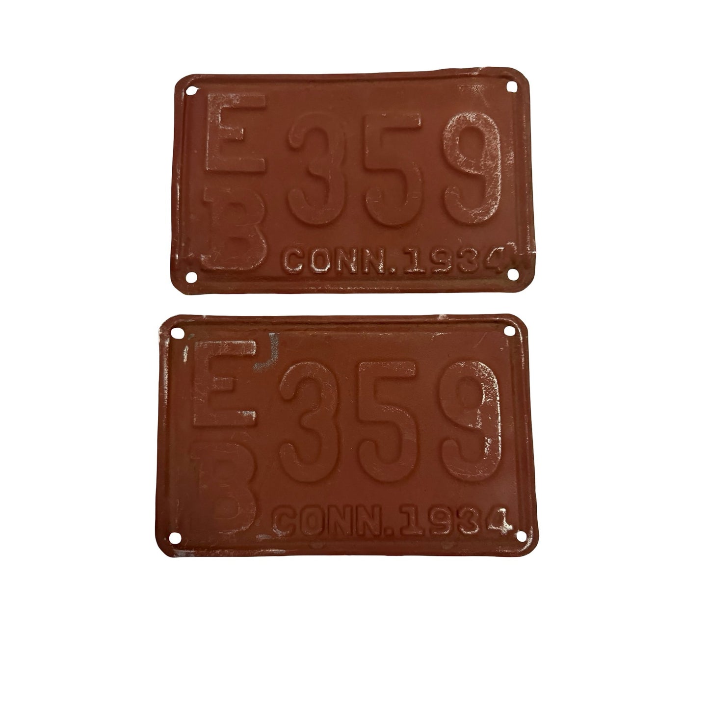 Vintage 1934 Connecticut License Plate Pair EB 359 Brown Embossed Matching Set