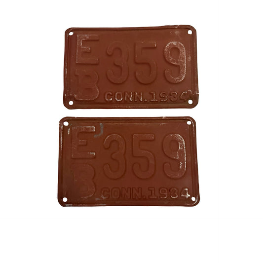 Vintage 1934 Connecticut License Plate Pair EB 359 Brown Embossed Matching Set